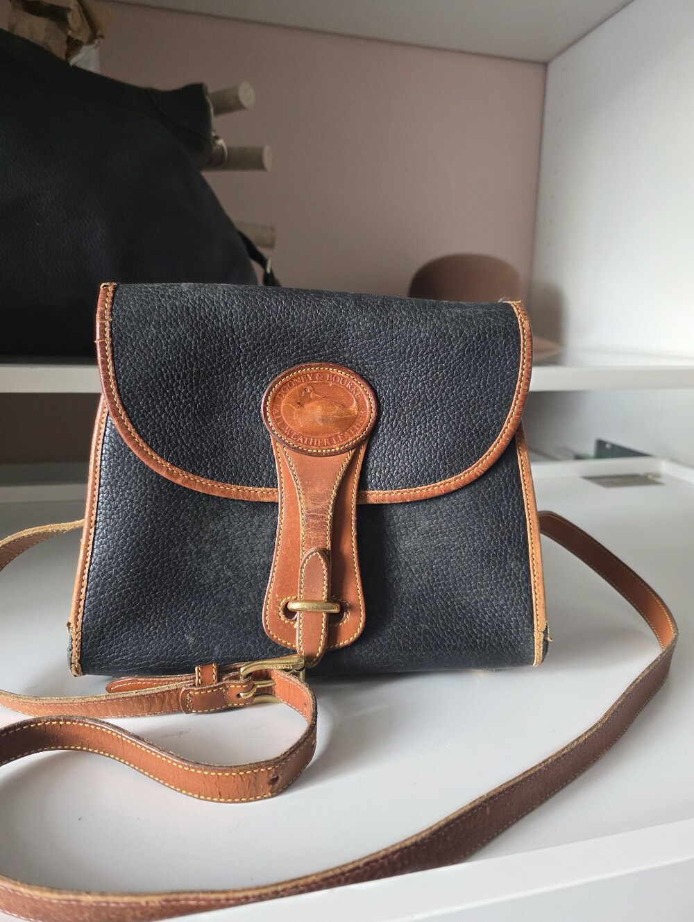 Dooney & Bourke Vintage Black Pebbled Leather Crossbody with Tan Trim